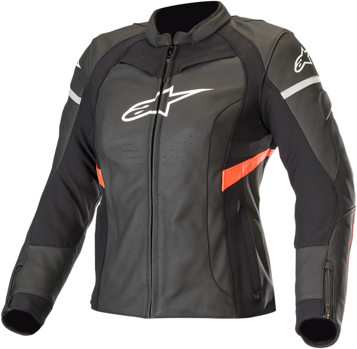Black and red ALPINESTARS Stella Kira leather jacket for women, US size 10, EU 46, shown on a hanger.
