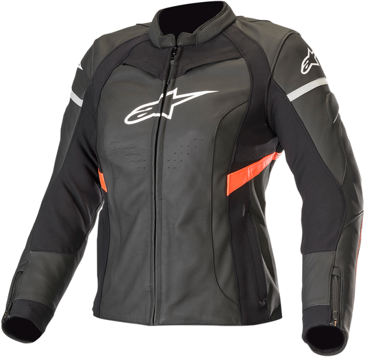 Alpinestars Stella women's Kira leather jacket in black and red with front zipper and stylish design, size US 8 / EU 44.