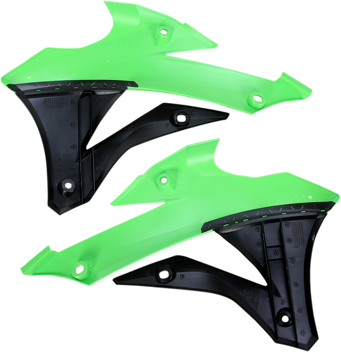 Acerbis radiator shrouds in green and black for motorcycle body, designed for durability and style.