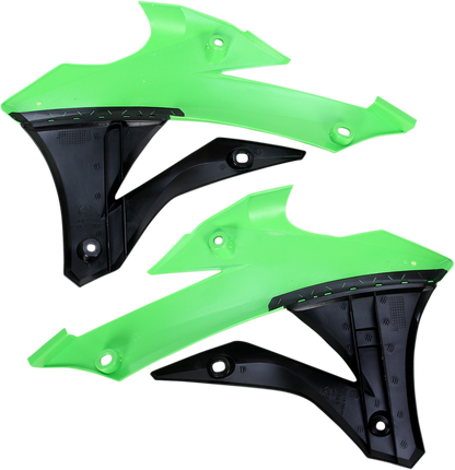 Acerbis radiator shrouds in green and black for motorcycle body, designed for durability and style.