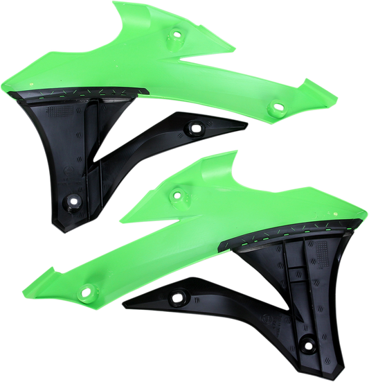 Acerbis radiator shrouds in green and black for motorcycle body, designed for durability and style.