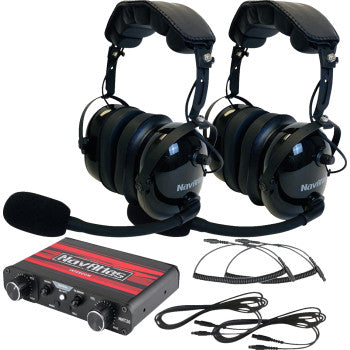 NAVATLAS 2-seat intercom and headset kit in black by Bill's Exhausts, featuring communication devices with microphones and headsets.