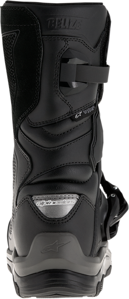 Black Alpinestars Belize Drystar® motorcycle boots with protective design, US 7 size, shown from a side view.