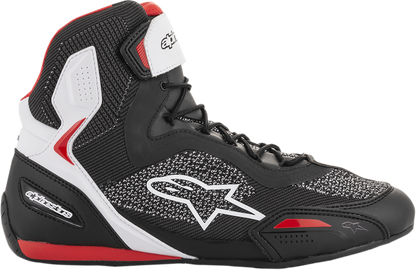 Alpinestars Faster-3 Rideknit® riding shoes in black, white, and red with US 13.5 size, featuring sporty design and high-performance details.