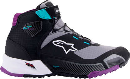 Alpinestars Stella CR-X Drystar shoes in black, gray, teal, and purple with US 11 size, designed for motorcycle riding.