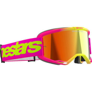 Alpinestars Vision 5 goggles with pink/yellow fluo frame, red mirror lenses, designed for motocross and racing.