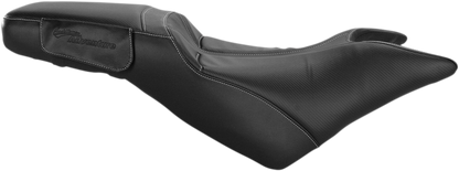 Black SADDLEMEN Adventure Tour Seat for Tiger 800, one-piece, stitched design, compatible with standard models.