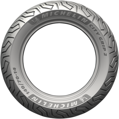 Michelin City Grip 2 rear motorcycle tire 120/70-11 56L with tread pattern suitable for urban riding on a black tire.