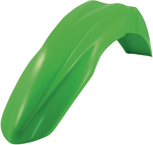 Green Acerbis front fender for motorcycle, showcasing its curved body design and vibrant color.