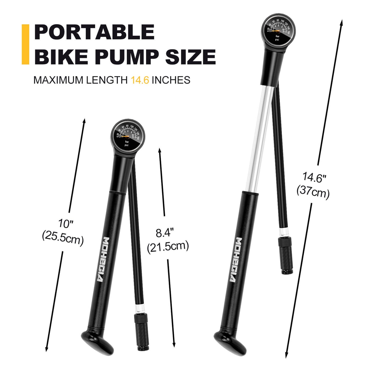 Hycline bicycle hand pump with 160 PSI capacity, compact bike frame pump for inflating bicycle tires.