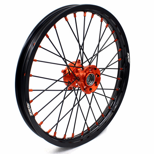 KKE 17/14 Spoked Kid's Small Wheels For KTM SX85 2021-2024 Orange Nipples & Black Spokes - Howling Moto