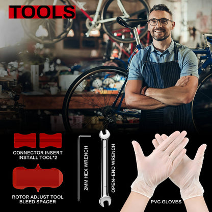 Hycline hydraulic brake mineral oil bleed kit for Shimano, Tektro, TRP bicycle brake systems, includes tools for easy bleeding and maintenance.