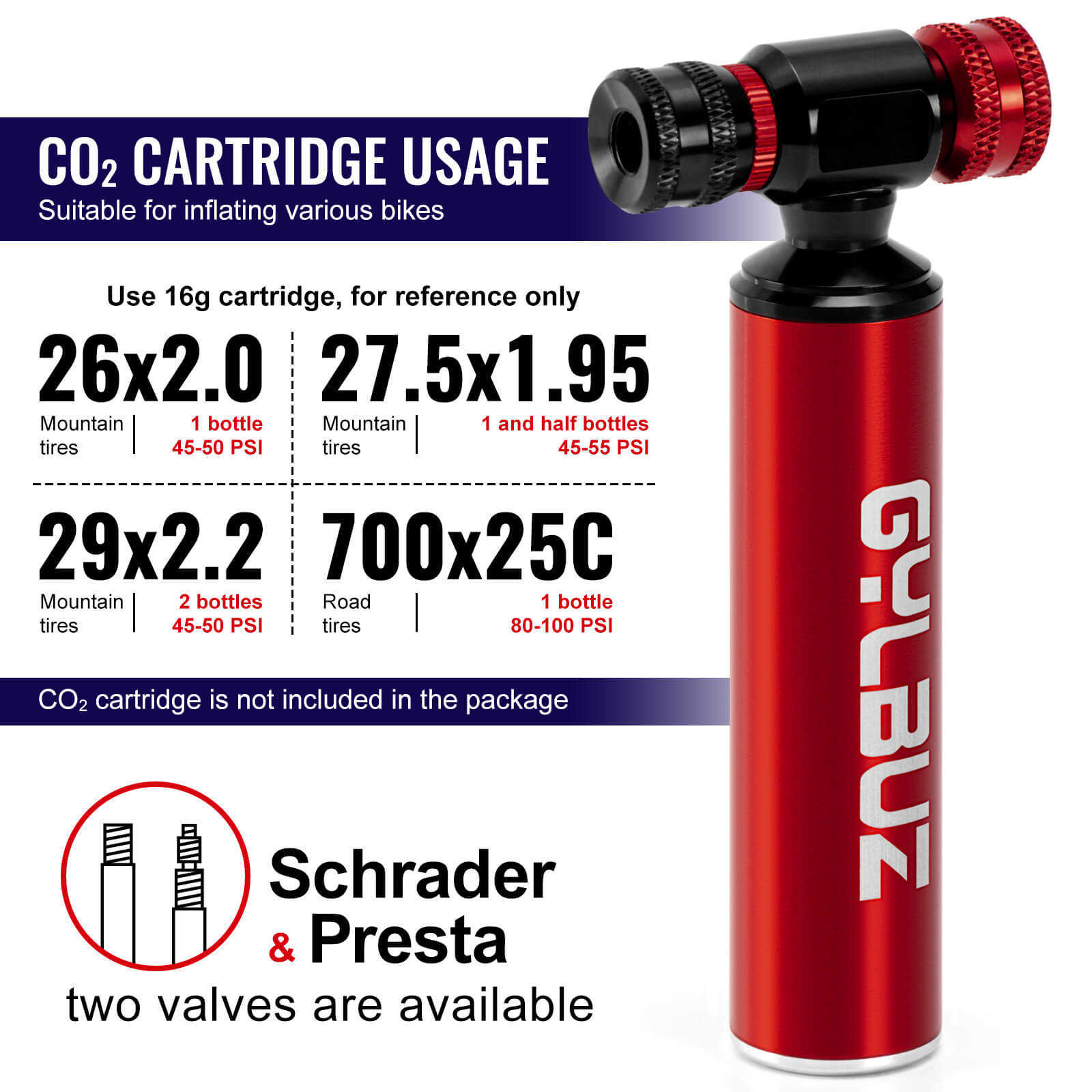 Hycline CO2 bike tire inflator with compact metal body and nozzle, ideal for quick and portable bicycle tire inflation.