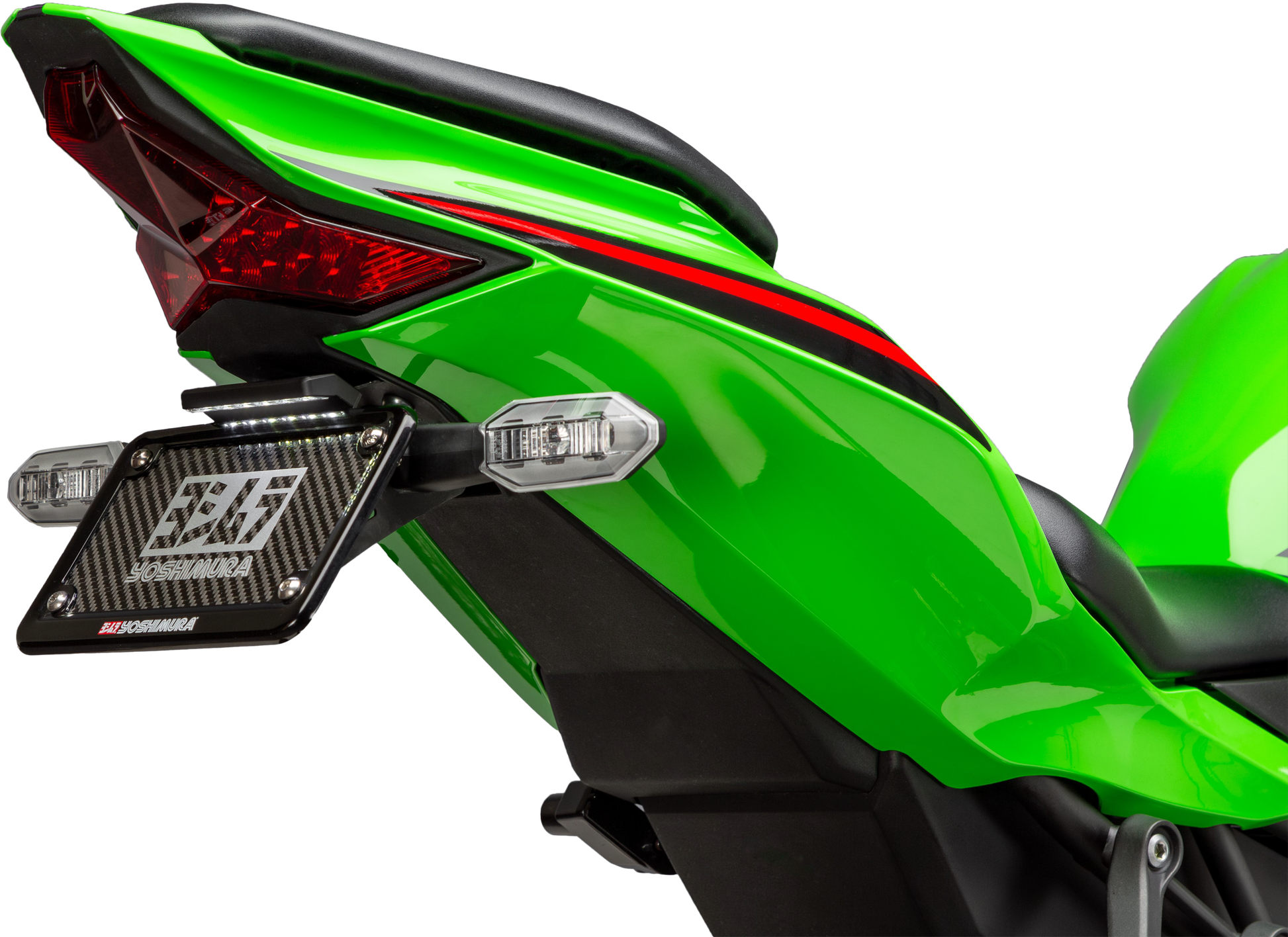 YOSHIMURA Fender Eliminator Kit for Kawasaki motorcycle, showing sleek black design and mounting hardware.