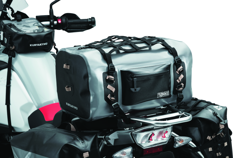 Kuryakyn Torke 35L waterproof dry duffle bag for powersports gear storage, shown in black with adjustable straps.