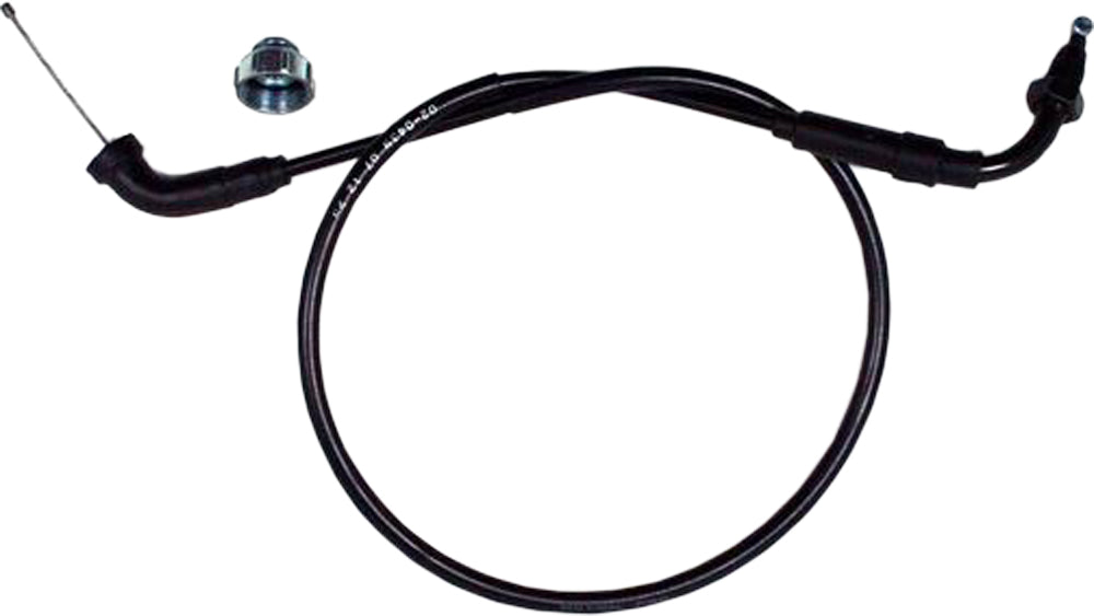 Black vinyl motorcycle and ATV throttle cable by MOTION PRO, showing the flexible cable with metal fittings.