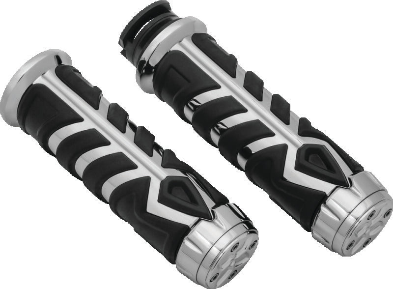Kuryakyn Spear Grips for Indian Scout motorcycle, chrome handlebar grips with spear design, detailed close-up image.