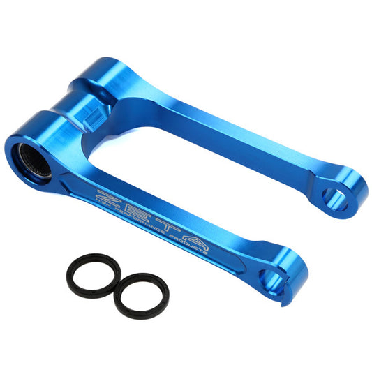 ZETA lowering link for Husqvarna and KTM motorcycles, part ZE56-05859, shown installed on suspension system.