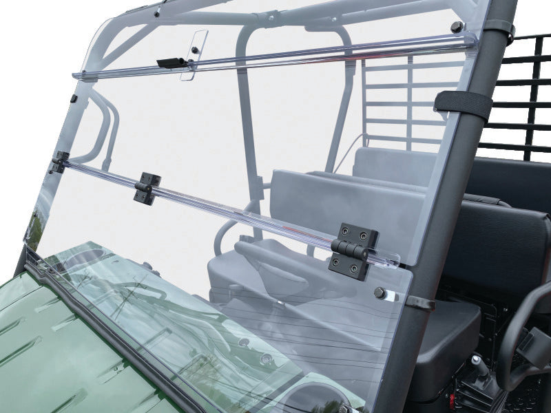 QuadBoss KAF620 Mule 4010 folding windshield for Kawasaki Mule 4010 4x4, shown installed on the vehicle.