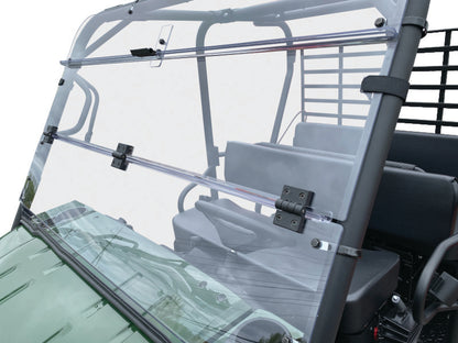 QuadBoss KAF620 Mule 4010 folding windshield for Kawasaki Mule 4010 4x4, shown installed on the vehicle.