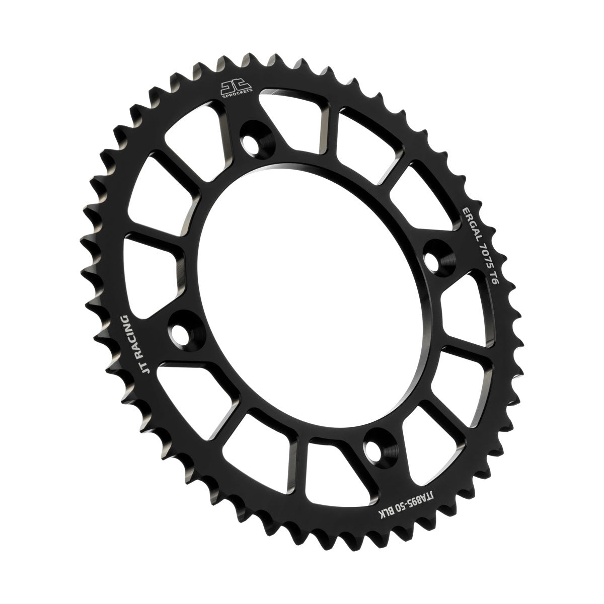 JT Rear RacLite 50-Tooth aluminum sprocket for Husqvarna and KTM motorcycles, black finish, lightweight durable design