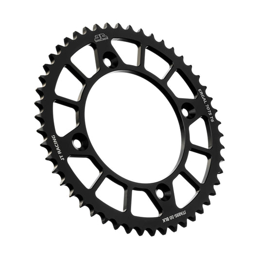 JT Rear RacLite 50-Tooth aluminum sprocket for Husqvarna and KTM motorcycles, black finish, lightweight durable design