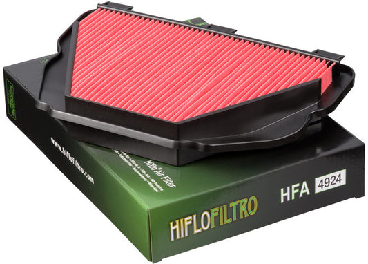 HIFLOFILTRO HFA4924 air filter for high-performance engines, shown in close-up with clean, pleated filter media and durable frame.