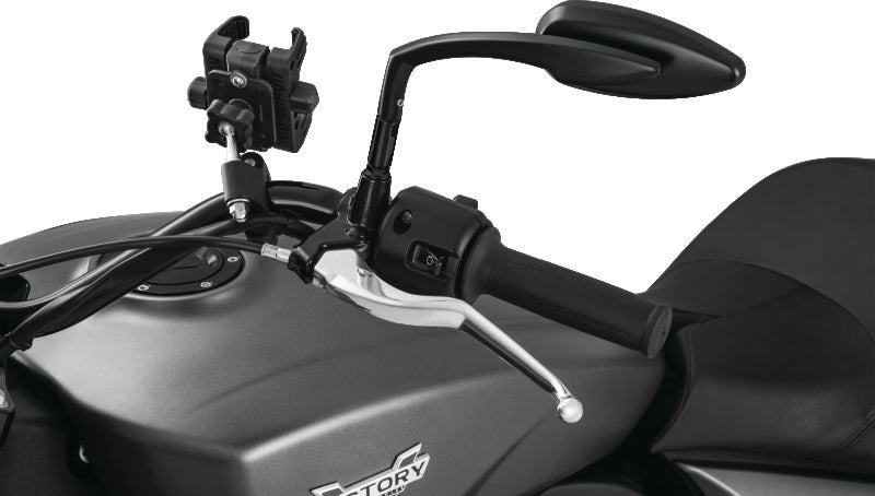 Kuryakyn Teardrop mirrors in satin black with convex glass and streamlined aluminum design, mounted on motorcycle handlebars.
