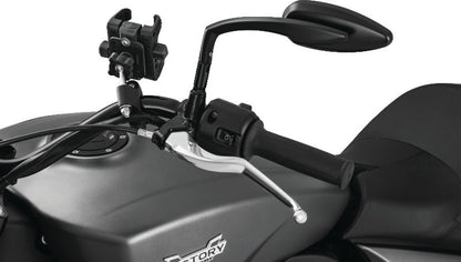 Kuryakyn Teardrop mirrors in satin black with convex glass and streamlined aluminum design, mounted on motorcycle handlebars.
