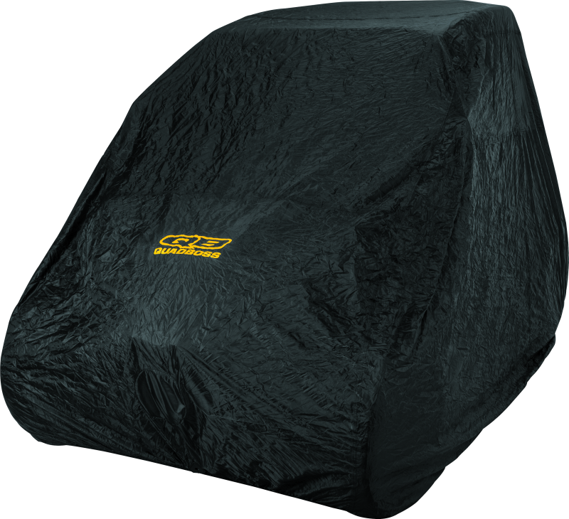 Black QuadBoss UTV cover for Polaris Ranger Crew, RZR XP 900 & 1000, Kawasaki Mule, showing fitted protective cover on the vehicle.