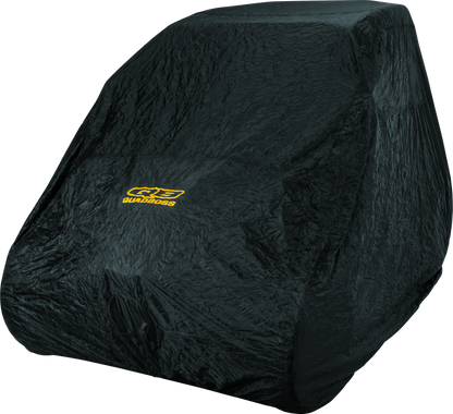 Black QuadBoss UTV cover for Polaris Ranger Crew, RZR XP 900 & 1000, Kawasaki Mule, showing fitted protective cover on the vehicle.