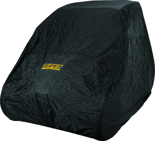 Black QuadBoss UTV cover for Polaris Ranger Crew, RZR XP 900 & 1000, Kawasaki Mule, showing fitted protective cover on the vehicle.