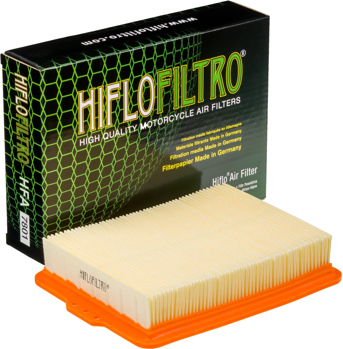 HIFLOFILTRO HFA7801 air filter for high-performance engines, showing a close-up of the clean, cylindrical filter element.