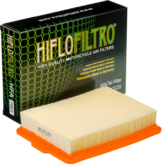 HIFLOFILTRO HFA7801 air filter for high-performance engines, showing a close-up of the clean, cylindrical filter element.