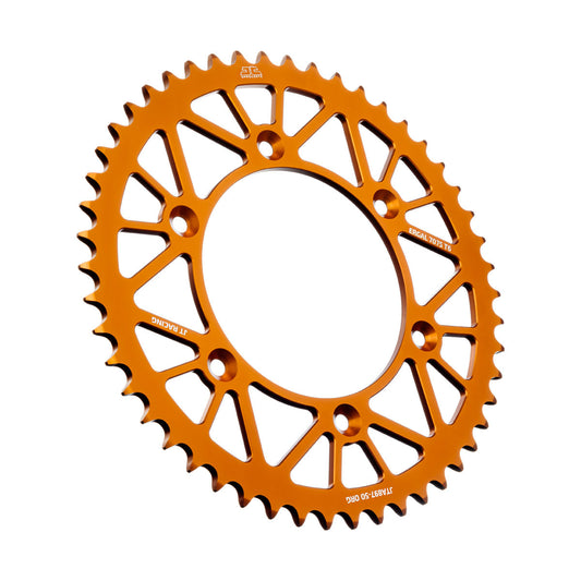 JT RaceLite 50-tooth aluminum rear sprocket for Husqvarna and KTM motorcycles, showing the lightweight sprocket with teeth and mounting hole.