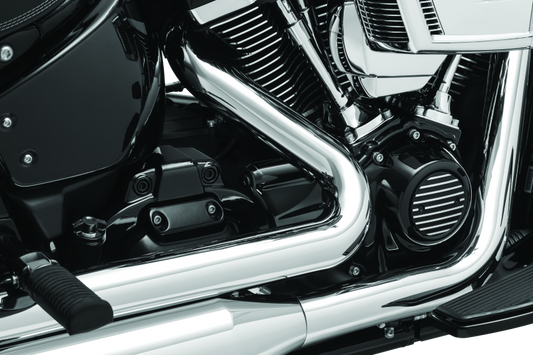 Kuryakyn Precision Oil Line Cover in black for Harley Davidson 2018 models, close-up of sleek motorcycle engine component.