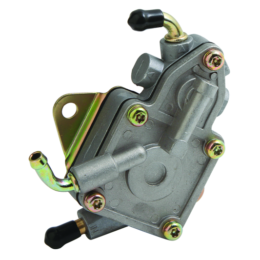 QuadBoss vacuum fuel pump for Yamaha YXR450 and Rhino models, part #401369, shown mounted with hoses and connectors.