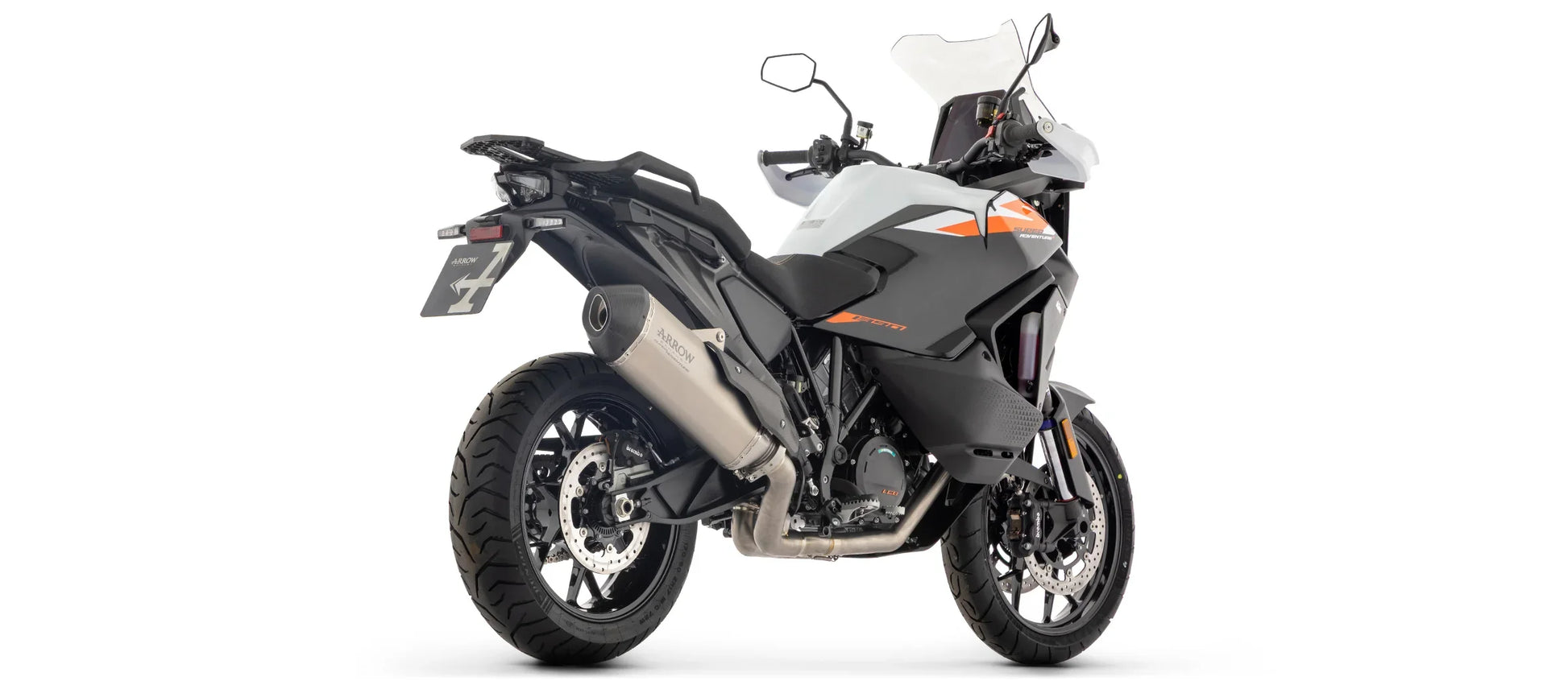 Titanium Arrow Racing Exhaust Collector for KTM 1290 Super Adventure S 2021-2024, shown with polished finish and mounting details.