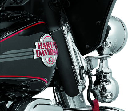 Kuryakyn Custom Teardrop Tie-Down Brackets in chrome on Harley Davidson Road King touring bike, showing installation details.