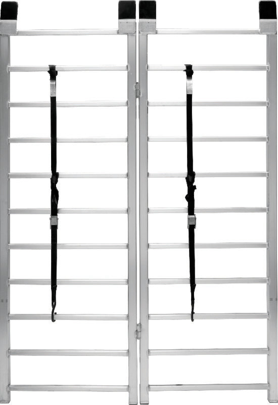 QuadBoss Bifold Ramp 50x72 lightweight aluminum power sports ramp with adjustable security straps, ideal for loading vehicles.