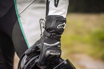 Alpinestars Women Stella SP-1 V2 motorcycle gloves in black, large size, featuring protective knuckles and breathable material.