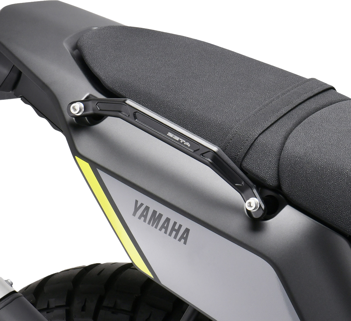 Black ZETA ZE94-8110 aluminum motorcycle grab bar designed for touring and securement, showcasing sturdy construction and sleek finish.