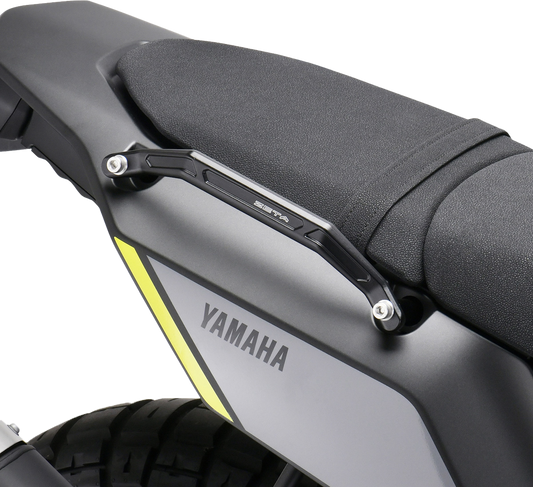 Black ZETA ZE94-8110 aluminum motorcycle grab bar designed for touring and securement, showcasing sturdy construction and sleek finish.