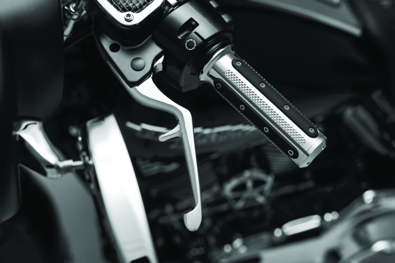Chrome Kuryakyn Trigger Levers for 2014-2016 Harley-Davidson Touring motorcycles, with detailed close-up of lever design.