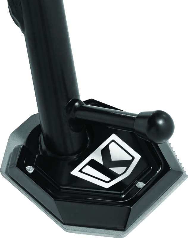 Black Kuryakyn Lodestar Kickstand Shoe for BMW F750GS adds stability and traction to motorcycle side stand.