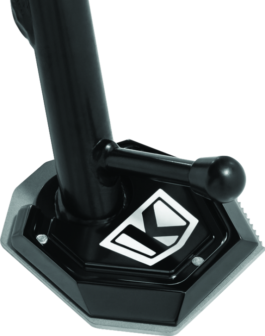 Black Kuryakyn Lodestar Kickstand Shoe for BMW F750GS adds stability and traction to motorcycle side stand.