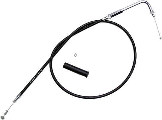 Black vinyl idle cable from MOTION PRO, precision OEM replacement part, shown coiled with metal connectors and black casing.