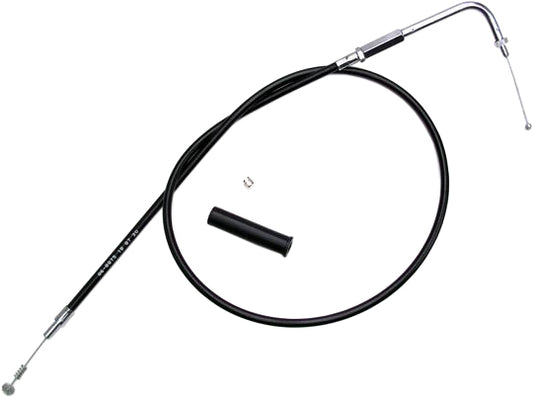 Black vinyl idle cable from MOTION PRO, precision OEM replacement part, shown coiled with metal connectors and black casing.