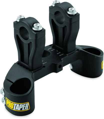 ProTaper Kawasaki KLX110 upper clamp assembly with metal construction and mounting bolts, designed for bike handlebar stability.