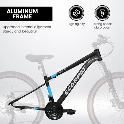 Hycline Ecarpat Trigger 27-inch bicycle with black frame and ergonomic handlebars, ready for outdoor riding.